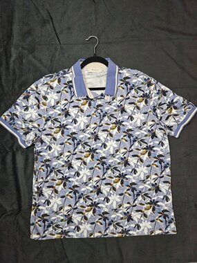 Bugatchi Blue Floral Leaf Print Pima Cotton Short Sleeve Polo Shirt XL 🌴👕